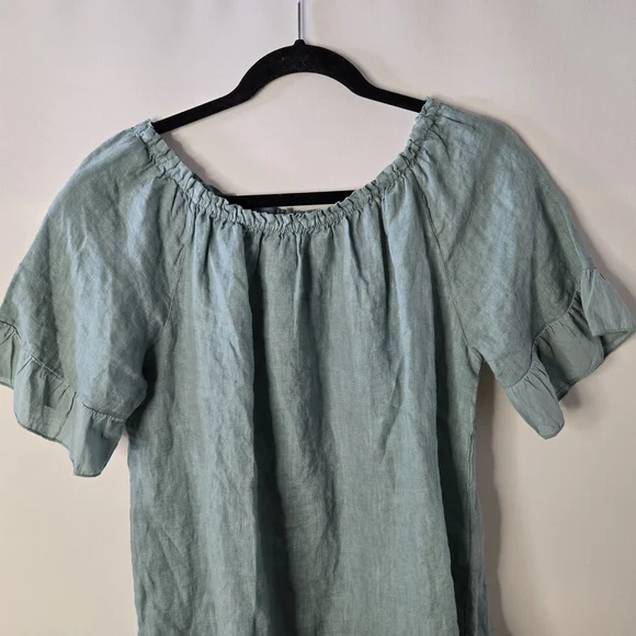 TERZO MILLENNIO sage Green Women's Size L 100% LINEN Babydoll Crop Tunic - Picture 3 of 10